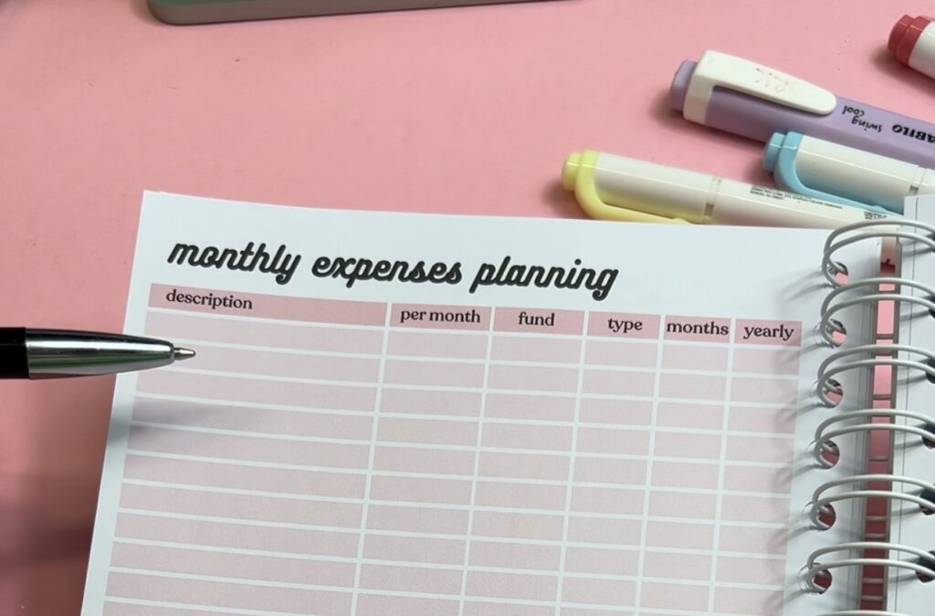 a pen and paper with a number of objects on it, the title showing "monthly expenses splanning".